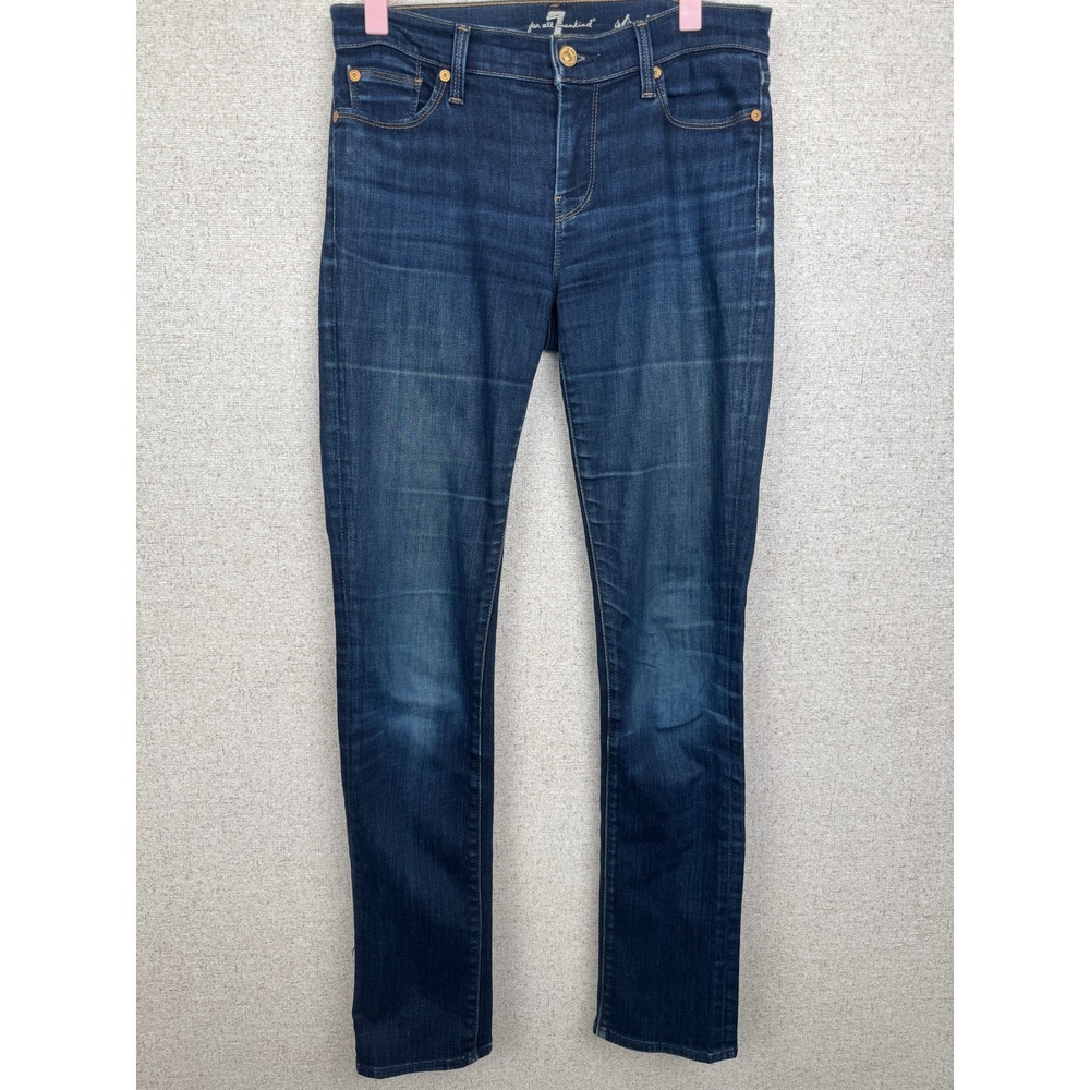 7 For All Mankind Straight Leg Jeans Dark Wash Whiskered Fading‎ Stretch Size 26